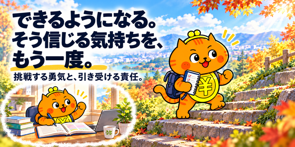 経験を表すリュックと手帳を持ち、明るい表情で階段を一段上がるオレンジ色のがま口ネコ。左下には、本を開いて意欲的に学ぶ同じネコが描かれている。