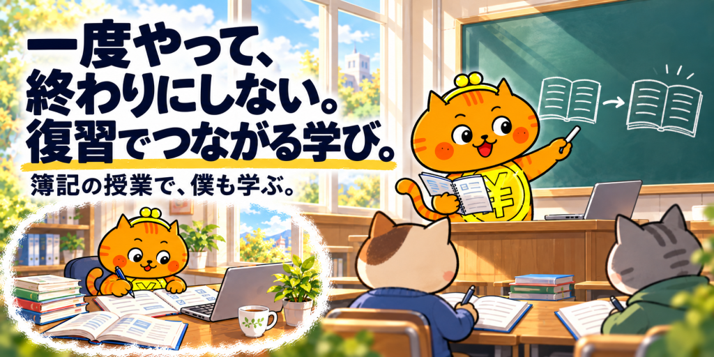 大学の教室でテキストを持ち、前の学びと次の学びのつながりを説明するオレンジ色のがま口ネコ。左下では同じネコが授業用のテキストを作っている。