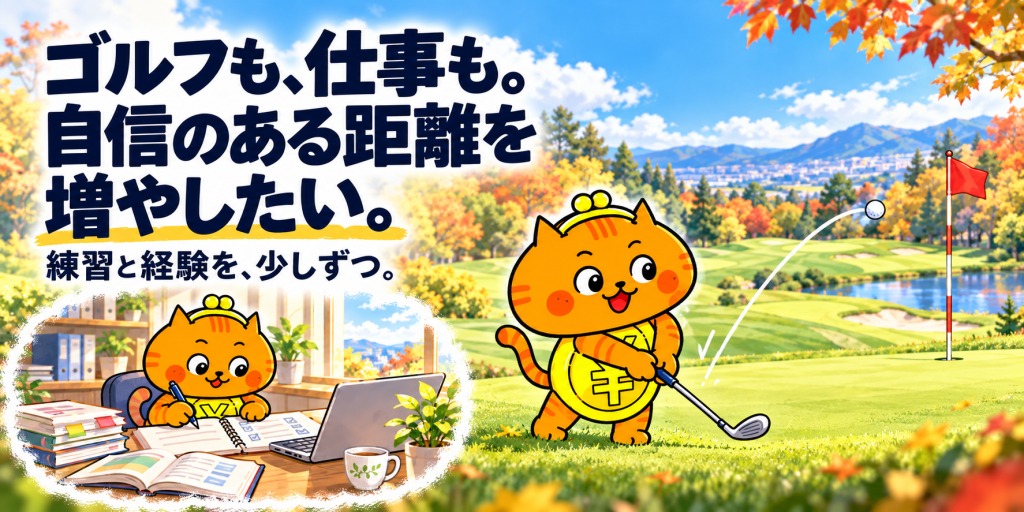 秋のゴルフ場でアプローチをするオレンジ色のがま口ネコと、机で本を開いて学ぶ同じネコ。ゴルフも仕事も、自信のある距離を増やしたい。