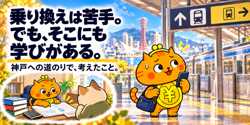 神戸を背景に、駅で乗り換え案内を見上げるオレンジ色のネコ。左下には相談者へ書類をやさしく説明する姿。「乗り換えは苦手。でも、そこにも学びがある。」