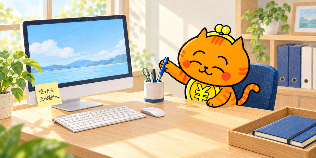 朝の光が差すすっきりした机で、オレンジ色のネコがペンを元の場所へ戻している。パソコンのデスクトップにはファイルのアイコンがなく、モニターには「使ったら、元の場所へ。」と書いた小さなメモが貼られている。